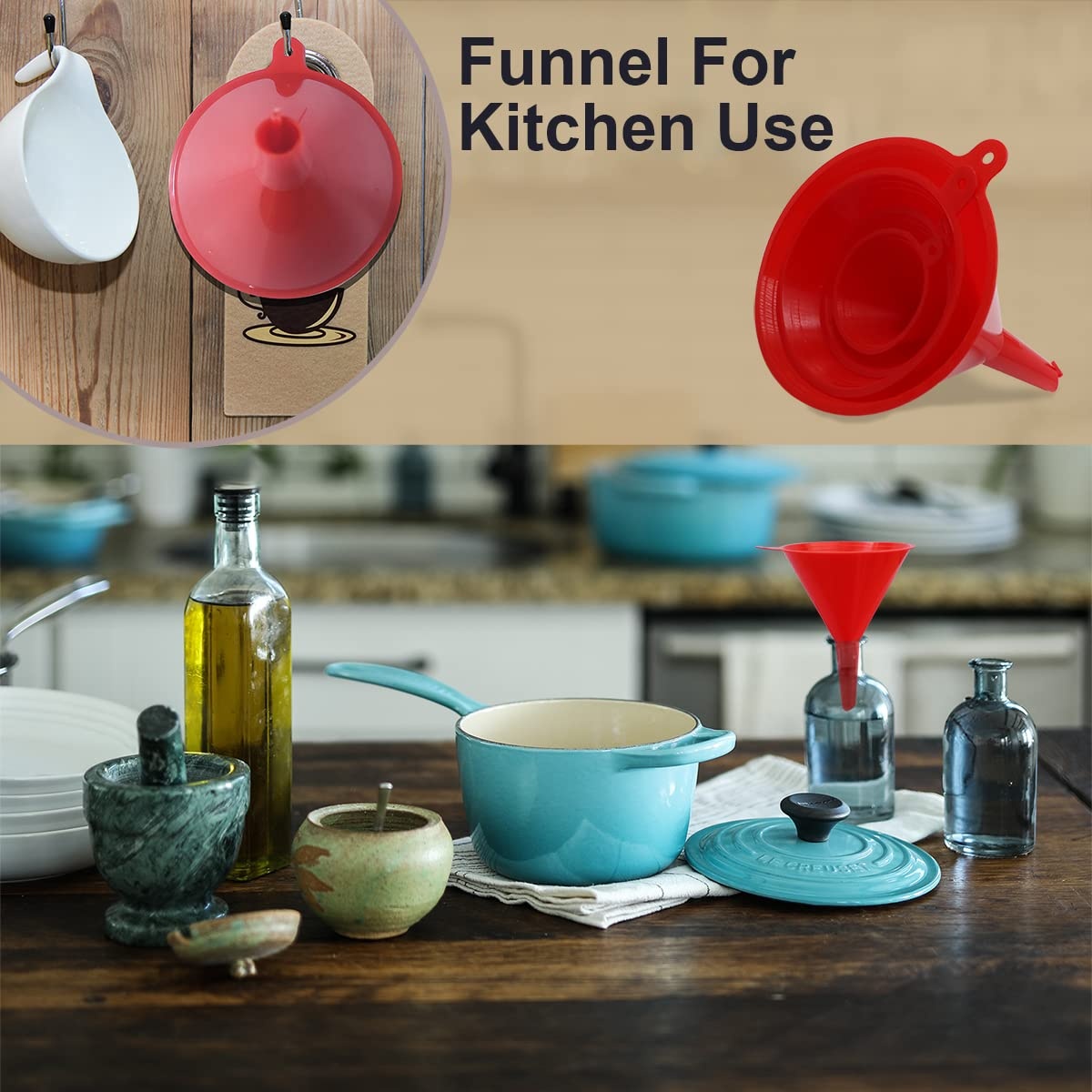 image:imageKongNai 4 Pieces Plastic Funnel Set for Kitchen and Automotive Use Mini Small Medium and Large Funnel for Filling Bottles Canning Cooking Lab or Car Oil Funnels RedRed