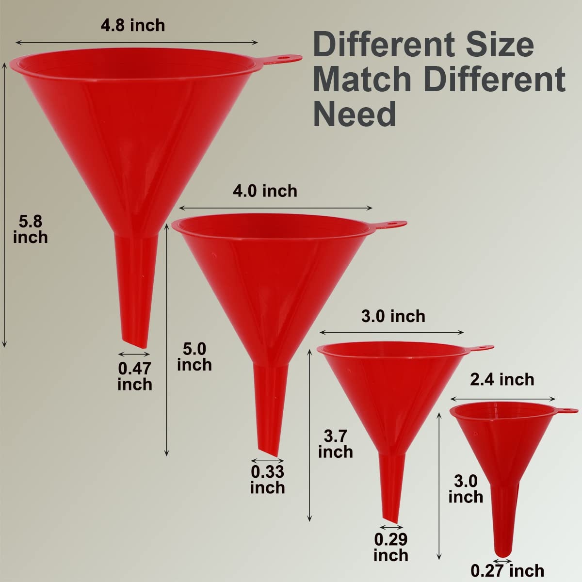 image:imageKongNai 4 Pieces Plastic Funnel Set for Kitchen and Automotive Use Mini Small Medium and Large Funnel for Filling Bottles Canning Cooking Lab or Car Oil Funnels RedRed