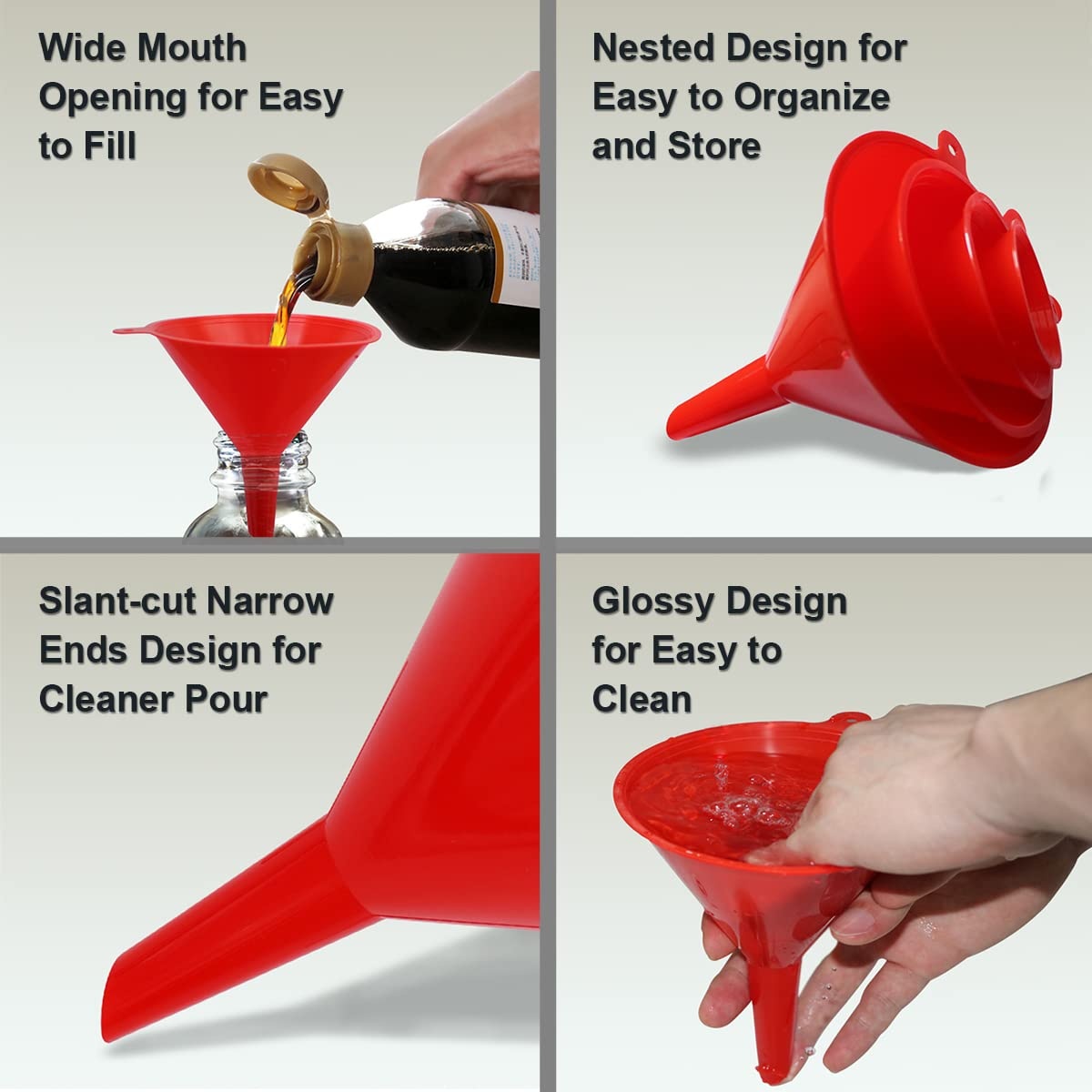 image:imageKongNai 4 Pieces Plastic Funnel Set for Kitchen and Automotive Use Mini Small Medium and Large Funnel for Filling Bottles Canning Cooking Lab or Car Oil Funnels RedRed
