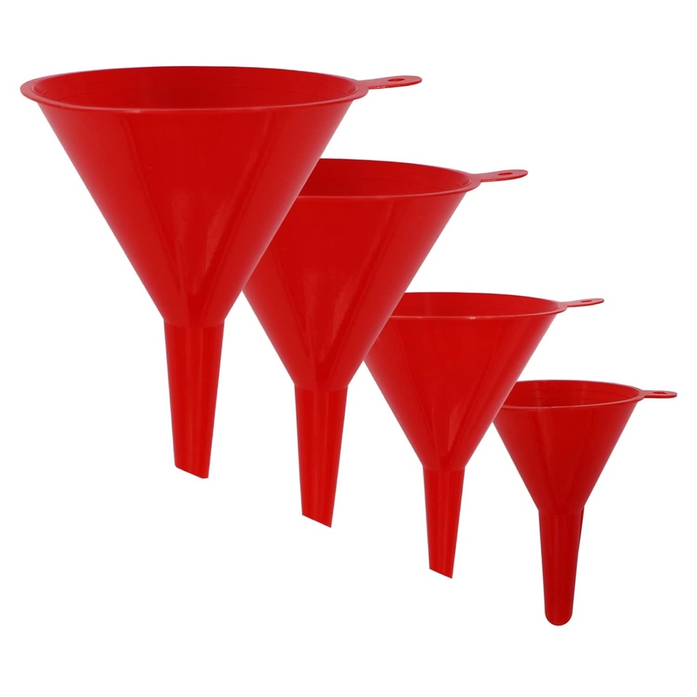 image:imageKongNai 4 Pieces Plastic Funnel Set for Kitchen and Automotive Use Mini Small Medium and Large Funnel for Filling Bottles Canning Cooking Lab or Car Oil Funnels RedRed