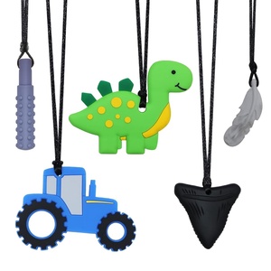 image:imageChew Necklace for Sensory Kids 5Pcs Chewy Necklaces for Boys and Girls with Autism ADHD PICA Chewable Silicone Pendant for Reducing Fidget AnxietyDinosaur Tractor Chewing Pendants for Toddler